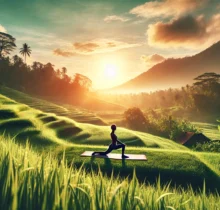 Person performing Surya Namaskar (Sun Salutation) in a serene natural environment at sunrise.