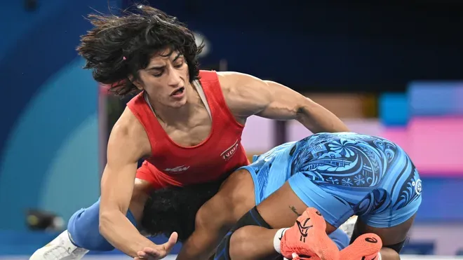 Vinesh Phogat displaying her determination before a crucial match.