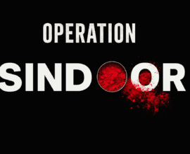 Operation Sindoor logo with white bold letters and red sindoor powder replacing the second O on a black background