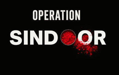 Operation Sindoor logo with white bold letters and red sindoor powder replacing the second O on a black background