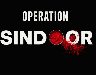 Operation Sindoor logo with white bold letters and red sindoor powder replacing the second O on a black background