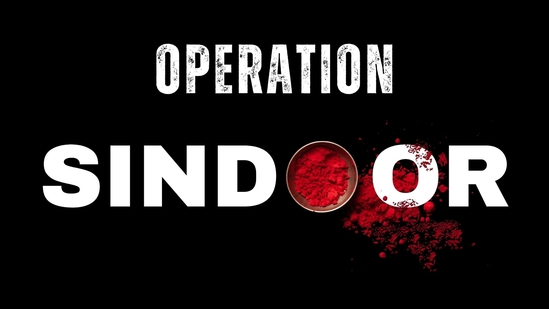 Operation Sindoor logo with red sindoor powder spilling from a circular container inside the word "SINDOOR" on a black background