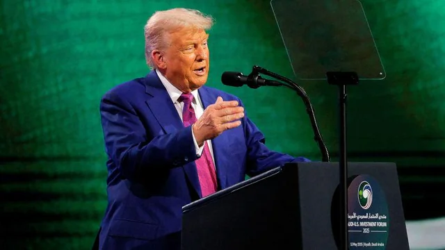 President Donald Trump addresses Saudi leaders at the U.S.-Saudi Investment Forum 2025